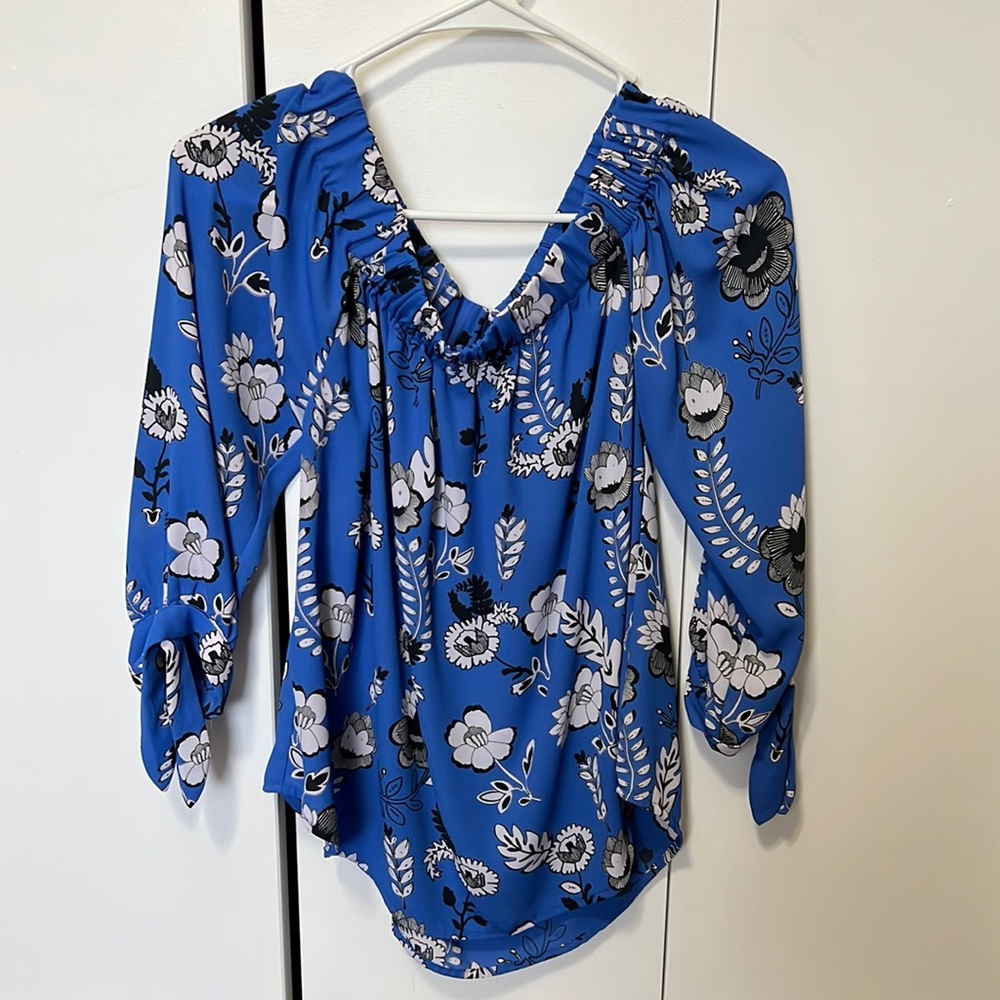 Blue Floral Off-Shoulder Peasant Blouse